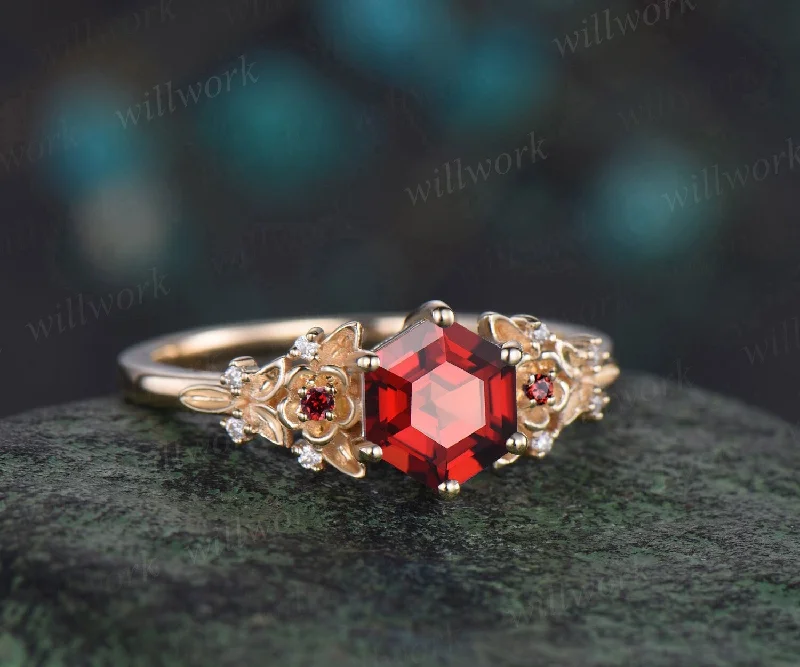 Vintage hexagon cut red garnet engagement ring yellow gold twig leaf floral antique unique cluster diamond wedding ring women gemstone gift