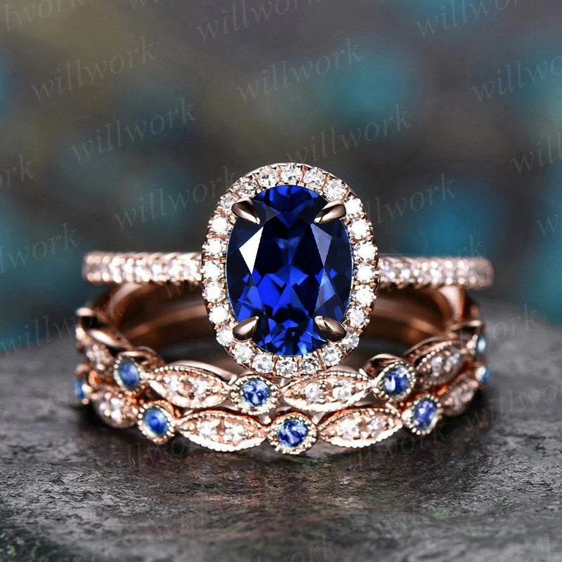 3pcs blue sapphire ring vintage sapphire engagement ring set rose gold for women diamond halo natural sapphire wedding band bridal ring set