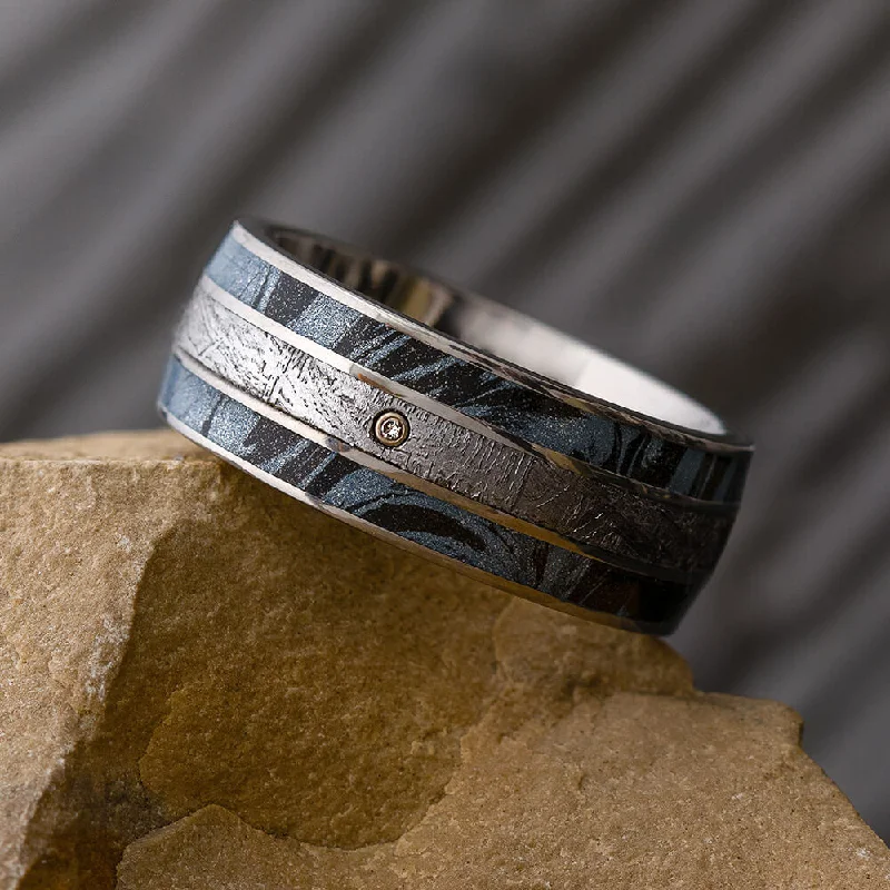 White Sapphire Ring with Mokume Composite and Meteorite