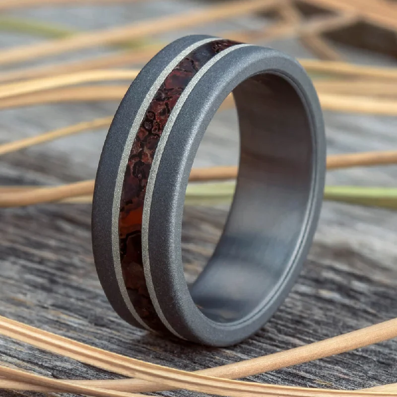 Sandblasted Titanium Dinosaur Bone Ring with Silver Pinstripes