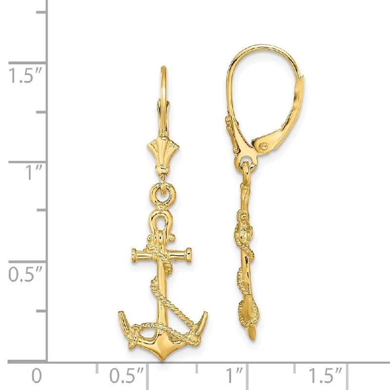 Diamond2Deal 14K Yellow Gold 3-D Anchor Shackle & Entwined Rope Earrings with Leverback (L- 37.5 mm)