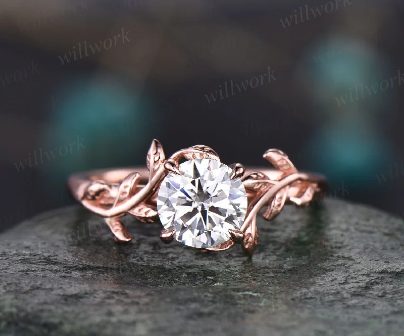 Vintage moissanite engagement ring for women rose gold art deco leaf flower ring unique solitaire bridal ring round cut ring wedding ring