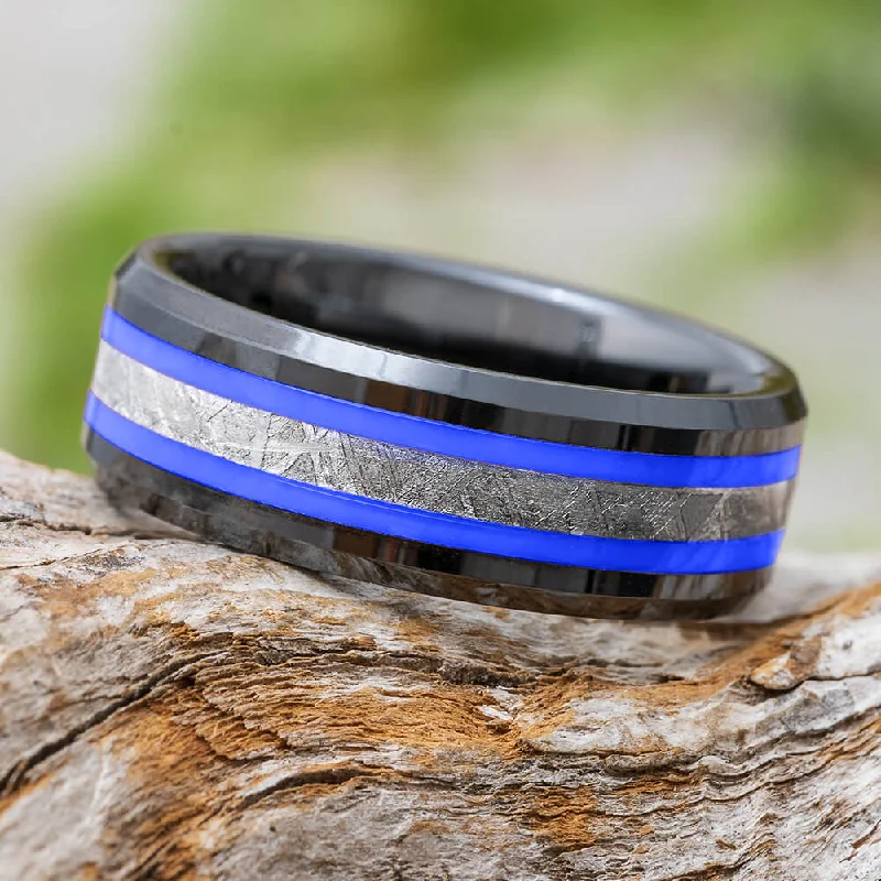 Black & Blue Ring With Genuine Meteorite