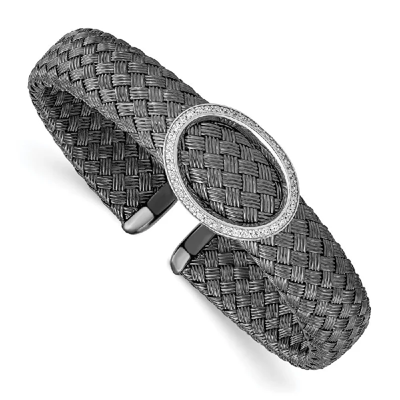 Black Plated Sterling Silver and CZ 12mm Flexible Woven Cuff Bracelet