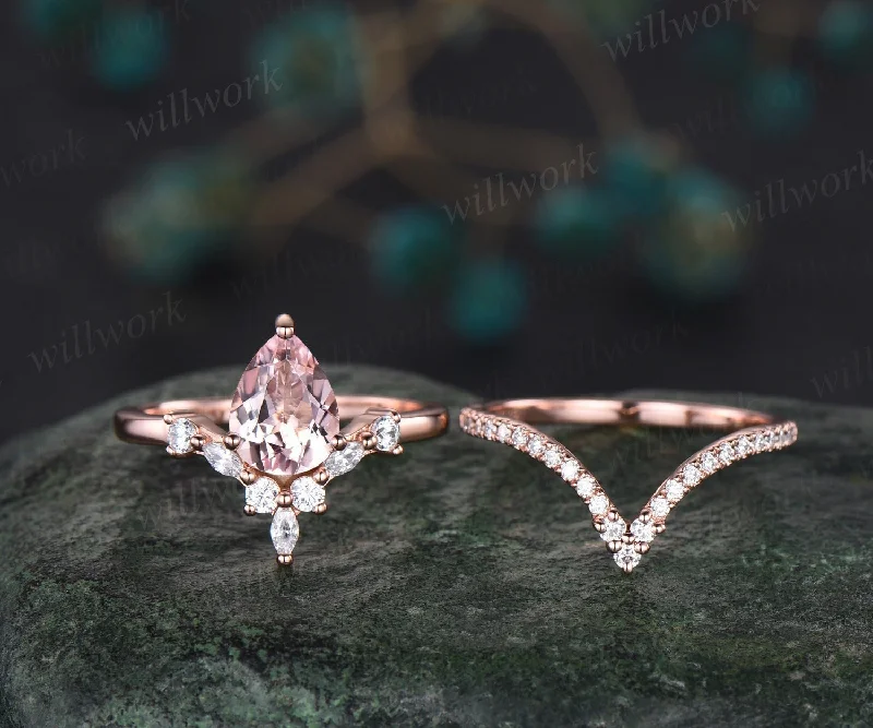 Morganite ring vintage pear shaped Pink Morganite engagement ring set 14k rose gold V shaped art deco diamond promise wedding ring set women