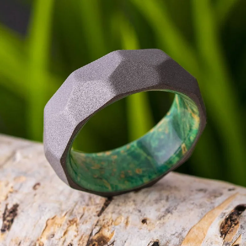 Faceted Men's Wedding Band with Green Box Elder Wood Sleeve