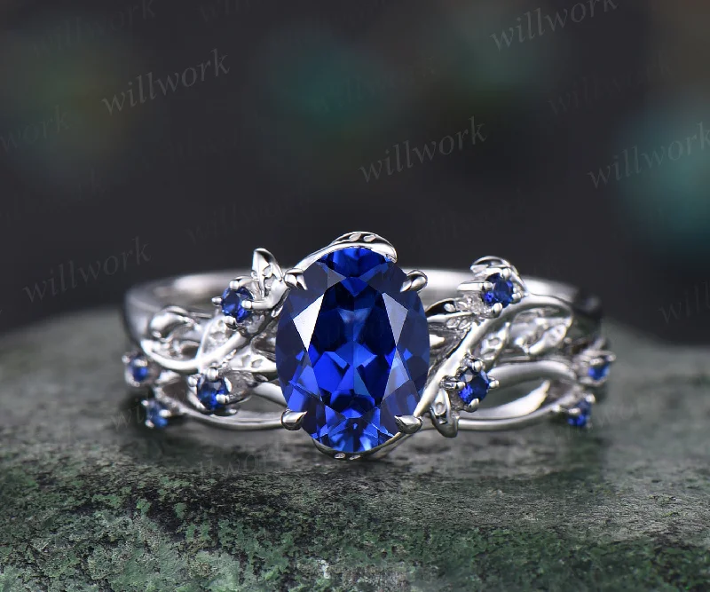 Art Deco Leaf Vine Twig Branch Nature Inspired Ring Unique September Birthstone Blue Sapphire Engagement Ring Set 14k White Gold 2pcs Bridal Ring Set