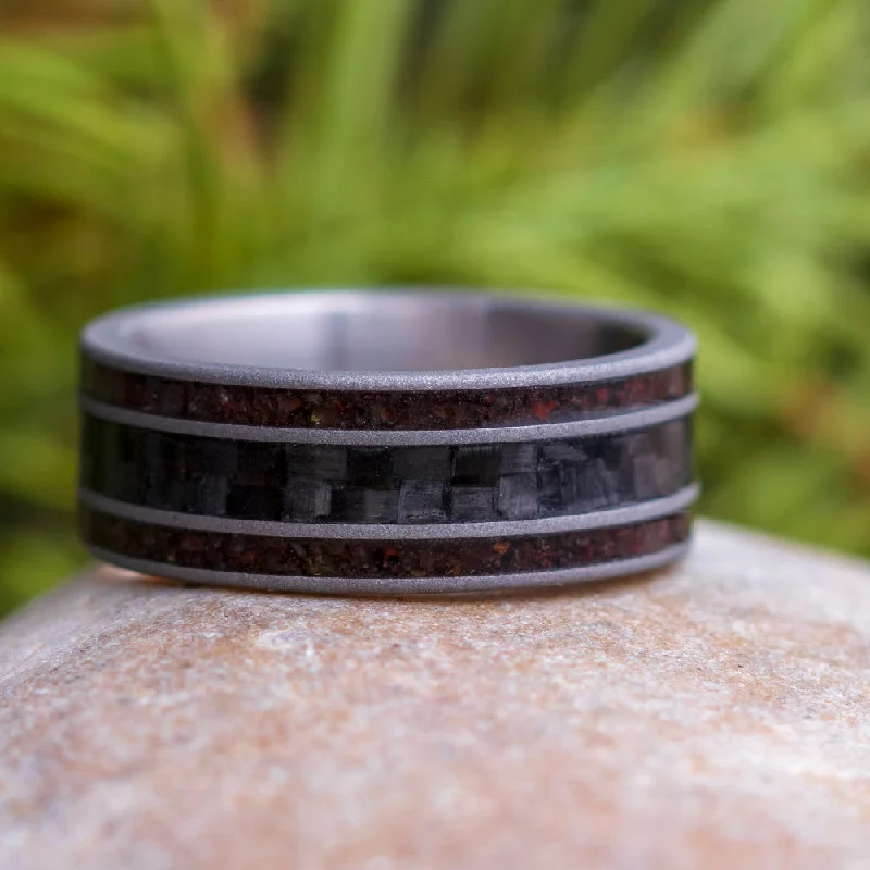 Carbon Fiber Wedding Band with Crushed Dinosaur Bone