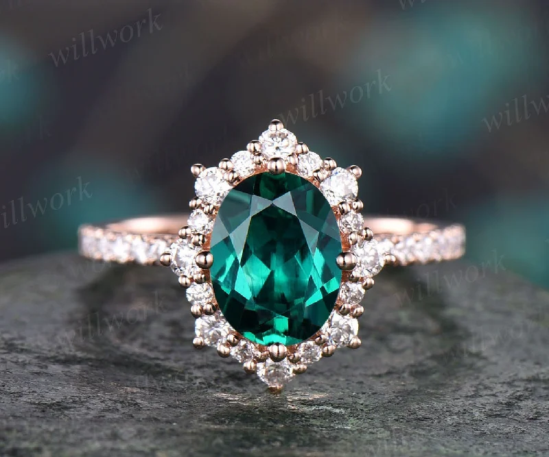 Rose gold ring vintage emerald engagement ring oval emerald rings for women May birthstone ring emerald jewelry bridal wedding promise ring