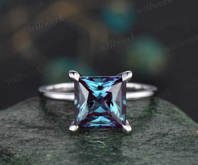 3ct Princess cut Alexandrite ring vintage Solitaire engagement ring women solid 14k white gold square cut ring unique promise ring jewelry