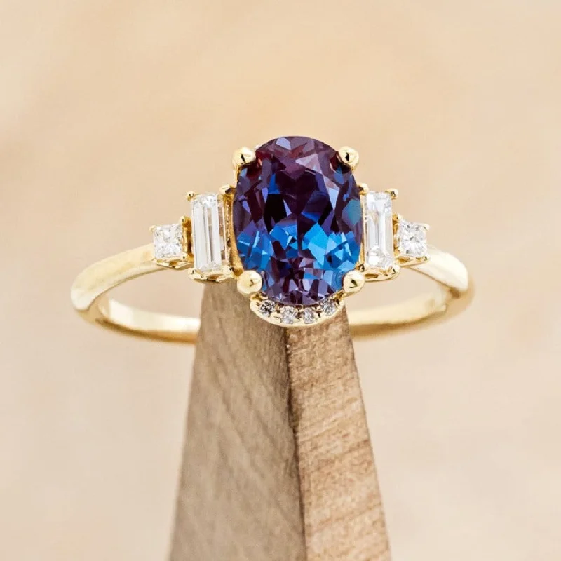 "ORNA" - OVAL LAB-GROWN ALEXANDRITE ENGAGEMENT RING WITH DIAMOND ACCENTS