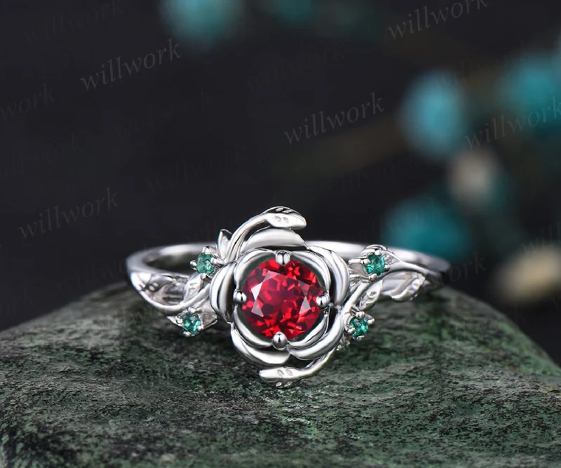 Unique Round Cut Garnet Engagement Ring Floral Leaf Art Deco Vine Wrapped emerald Ring 14k White Gold Engagement ring Anniversary Gift Ring