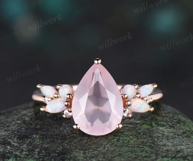 Pear shaped rose quartz engagement ring rose gold cluster opal ring women pink gemstone anniversary ring gift