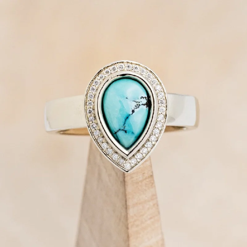 WIDE BAND TURQUOISE ENGAGEMENT RING WITH DIAMOND HALO