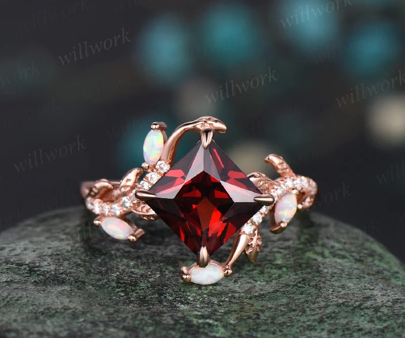 Vintage princess cut red garnet engagement ring rose gold leaf nature inspired branch half eternity diamond opal anniversary ring women gift