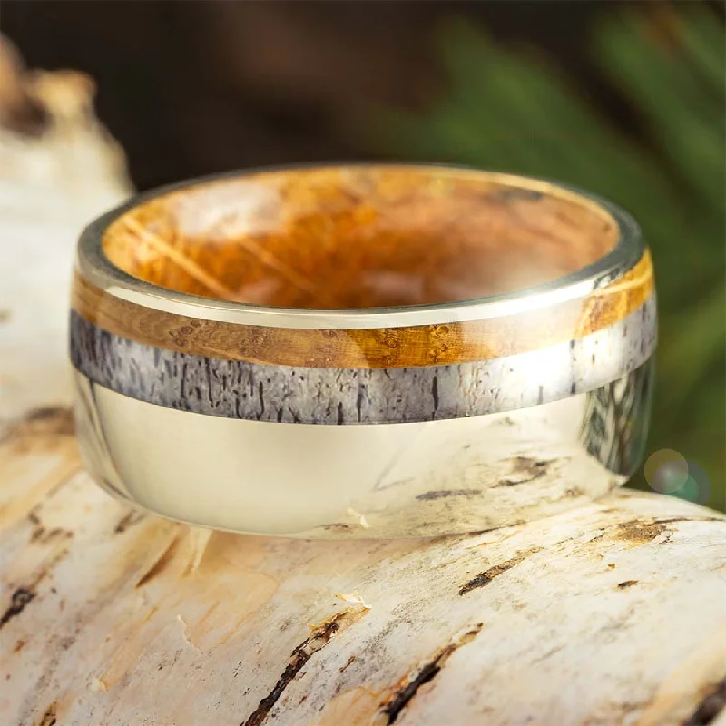 Unique Whiskey Barrel and Antler Wedding Band in White Gold