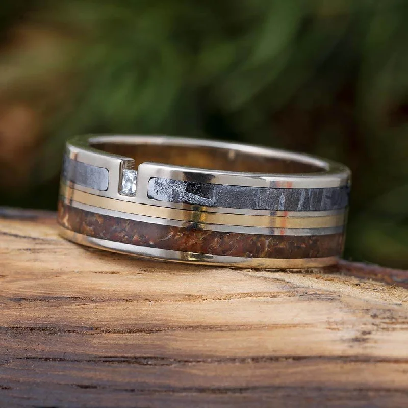 Gemstone Men's Wedding Band with Meteorite & Dinosaur Bone