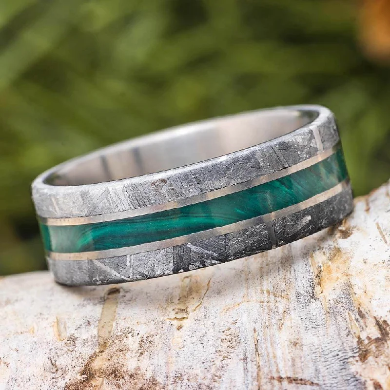 Malachite and Meteorite Men's Wedding Band, Green Ring for Man