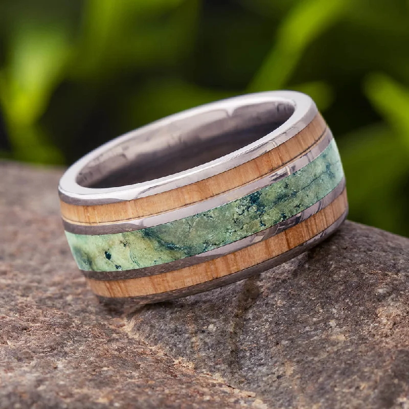 Chrysocolla & Oak Wood Triple Inlay Wedding Band