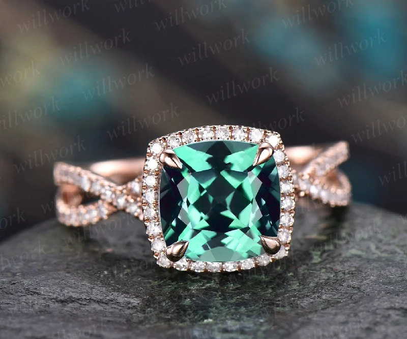 Cushion emerald ring vintage emerald engagement ring rose gold halo diamond ring may birthstone infinity unique jewelry wedding bridal ring