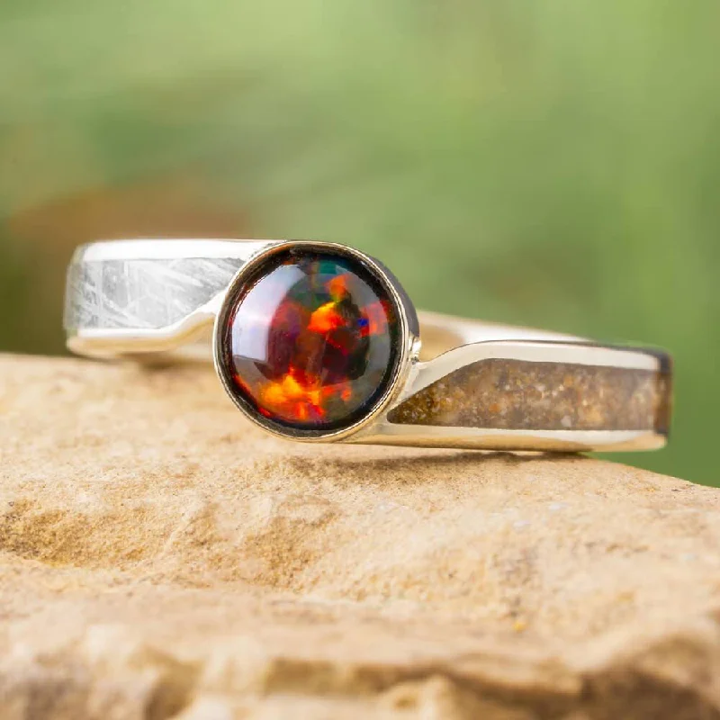 Opal Engagement Ring with Meteorite and Dinosaur Bone