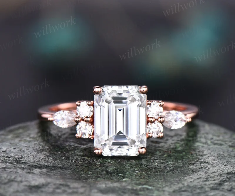 Vintage unique emerald cut moissanite engagement ring 14k rose gold art deco 7 stone marquise cut moissanite promise wedding ring for women