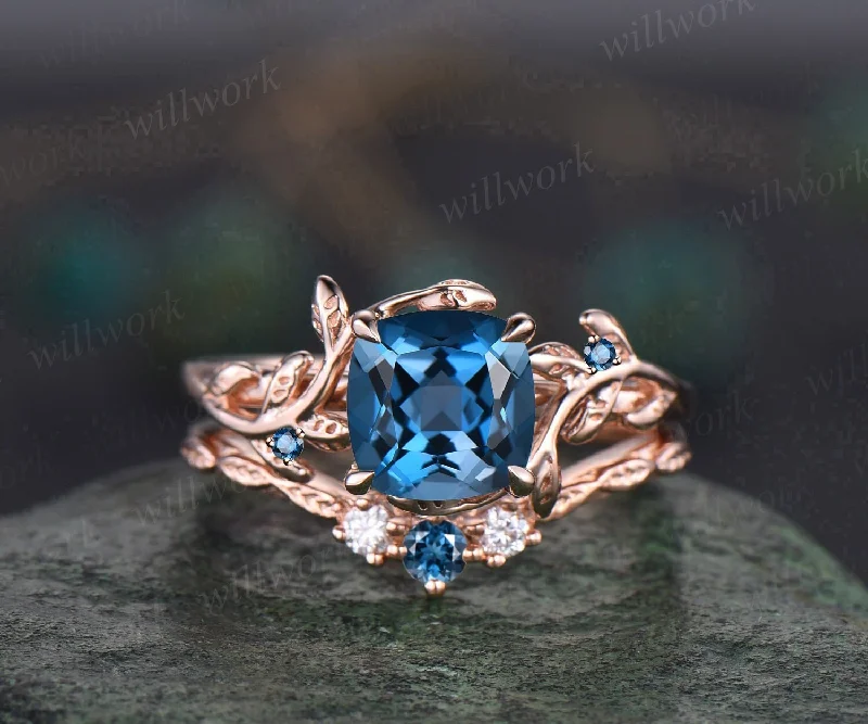 Twig cushion London blue topaz engagement ring set leaf branch rose gold three stone moissanite unique nature inspired wedding ring women