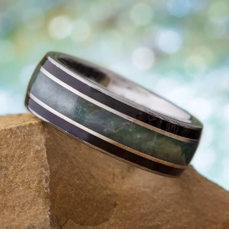 Tungsten Men's Ring with Green Jade & Black Wood Stripes