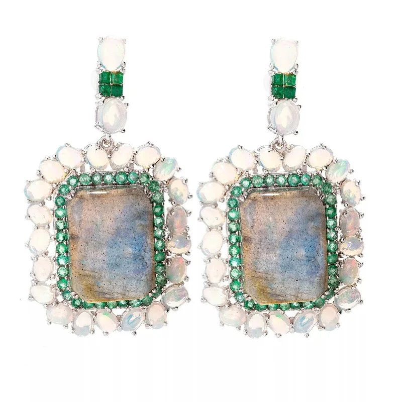 925 Sterling Silver Labradorite, Ethiopian Opal, Brazilian Emerald Gemstone Earrings