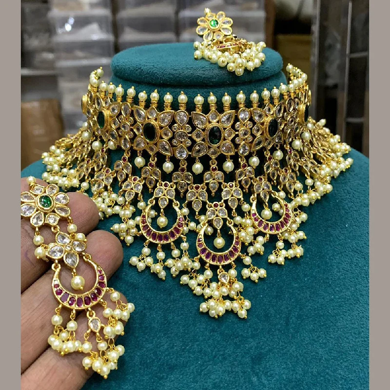 Royal Kundan Jewellery Gold Plated Polki Kundan And Pearls Choker Necklace Set