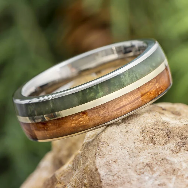 Jade & Whiskey Barrel Oak Wood Ring With Gold Pinstripe