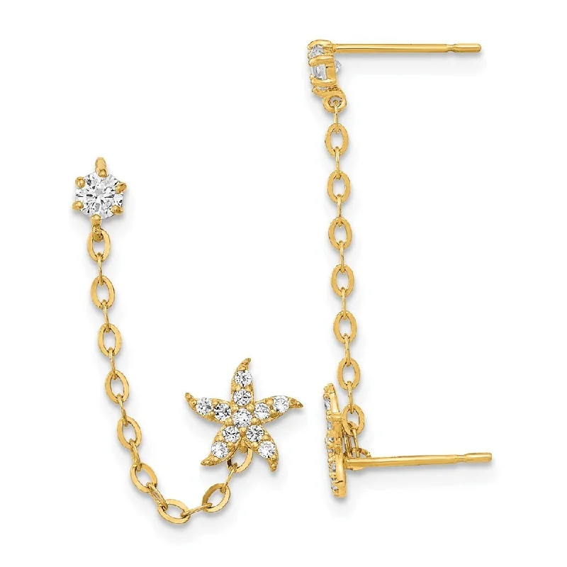 14k Yellow Gold Cubic Zirconia Double Chain Starfish Stud Earrings (L-6.95 mm, W-7.02 mm)