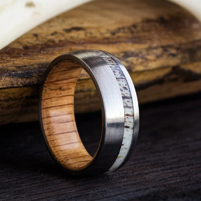 Brushed Titanium Wedding Band With Oak Wood Sleeve And Antler