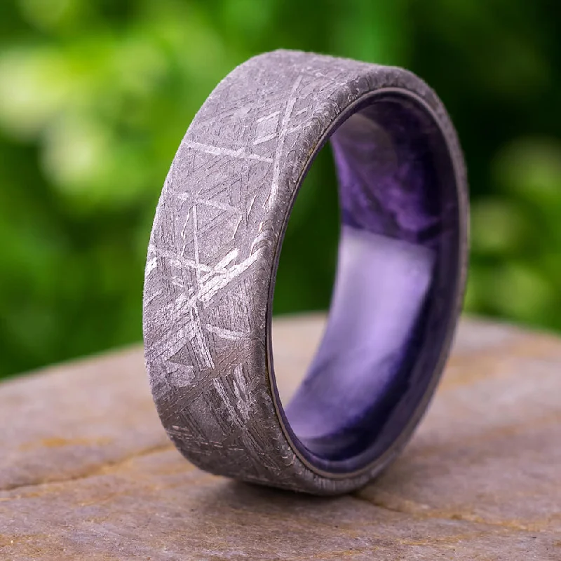 Men's Meteorite Wedding Band with Purple Box Elder Burl Sleeve