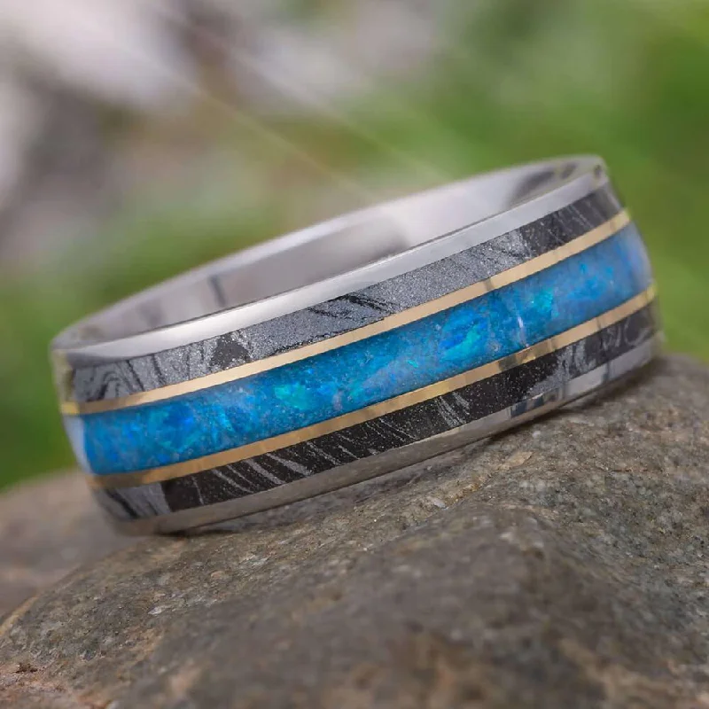 Black & White Mokume Gane & Opal Men's Wedding Band