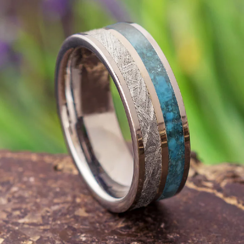 Crushed Turquoise Men's Wedding Band with Gibeon Meteorite