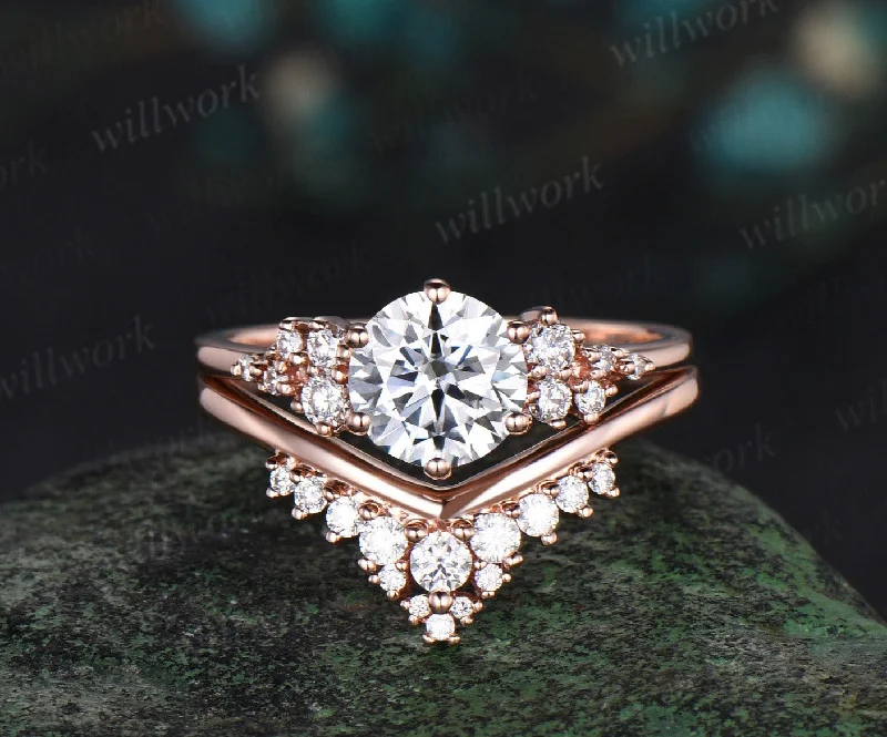 1ct round cut moissanite engagement ring rose gold cluster snowdrift diamond promise wedding ring set women jewelry