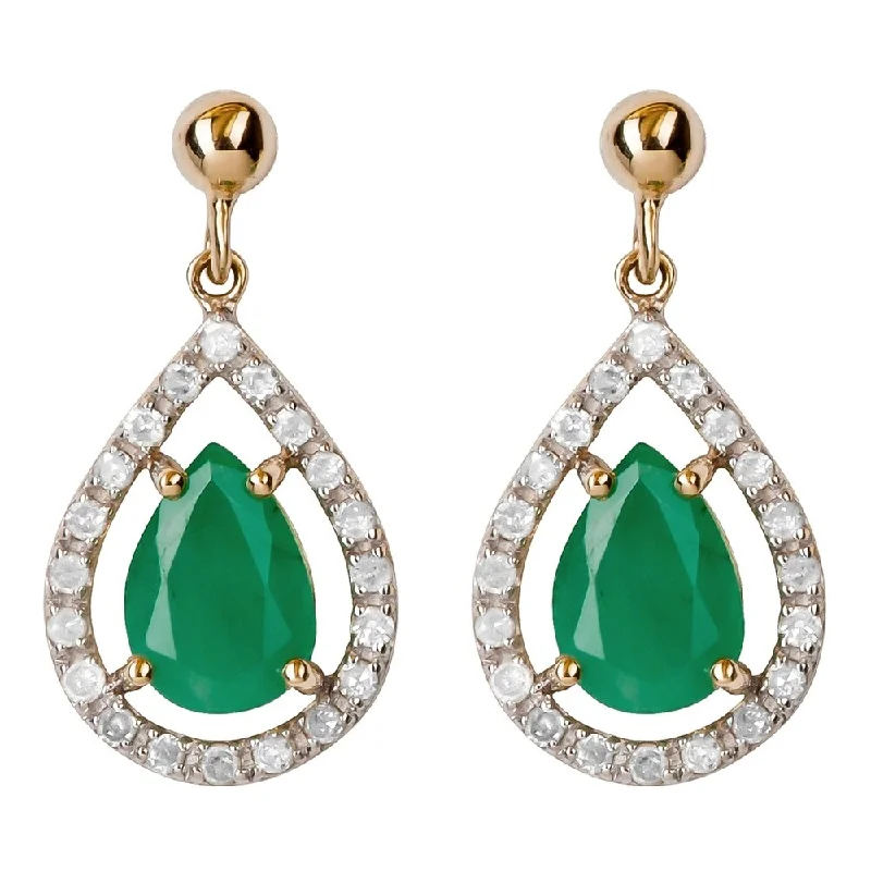 Viducci 10k Yellow Gold Genuine Pear-Shape Emerald and Diamond Halo Dangle Earrings