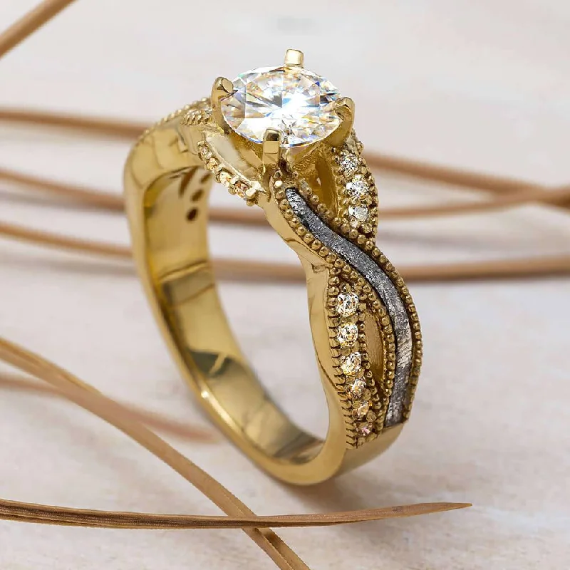 Meteorite Engagement Ring With Yellow Gold & Diamonds