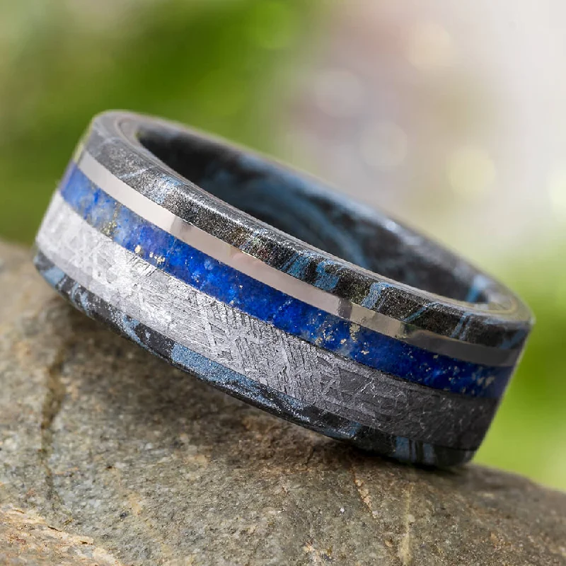 Unique Men's Ring With Mokume, Meteorite and Lapis Lazuli