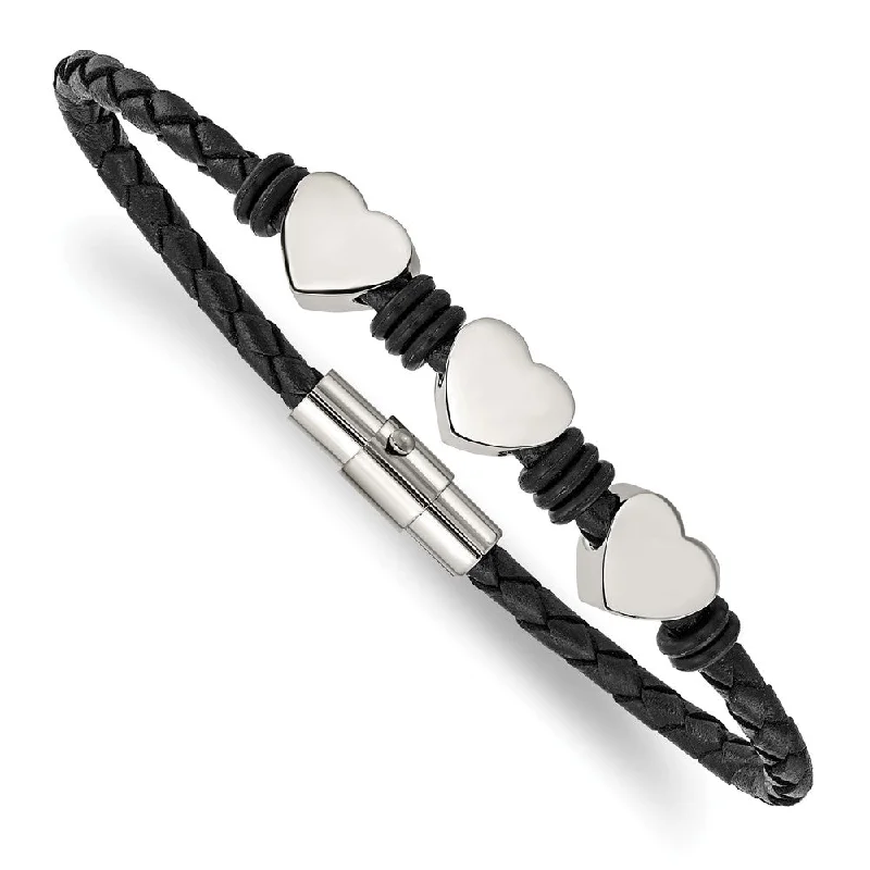 Stainless Steel Hearts and Black Leather Bracelet, 7.5 Inch