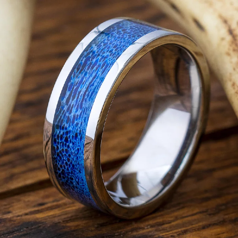 Colorful Titanium Ring with Blue Antler Inlay