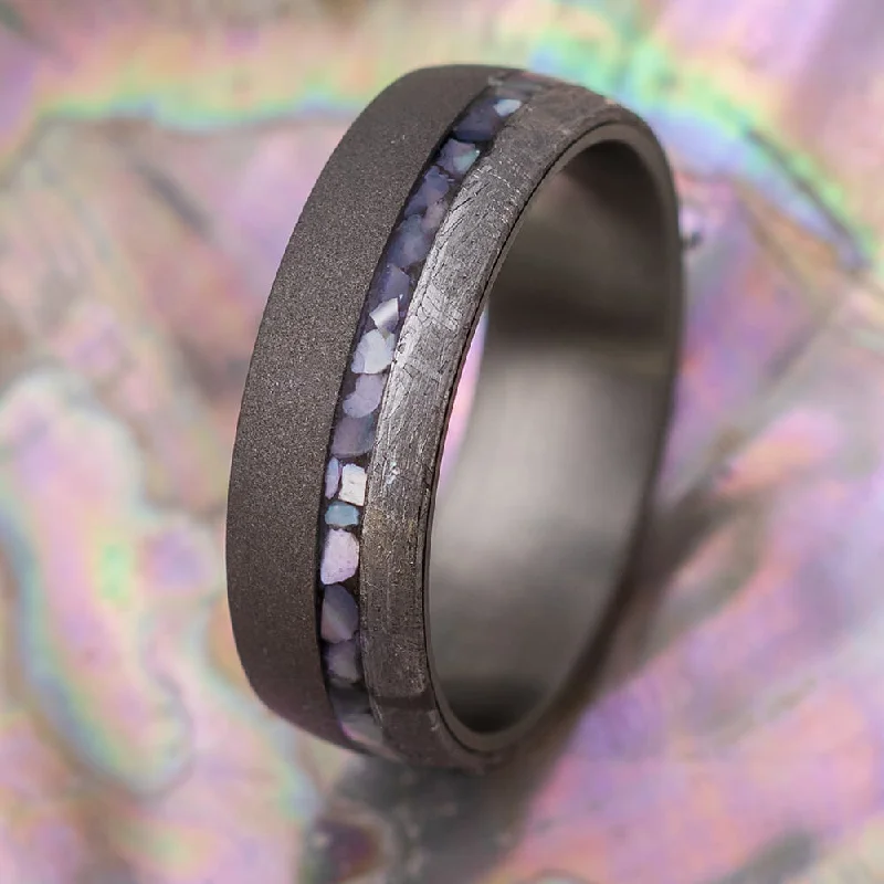 Mother of Pearl Wedding Band with Gibeon Meteorite