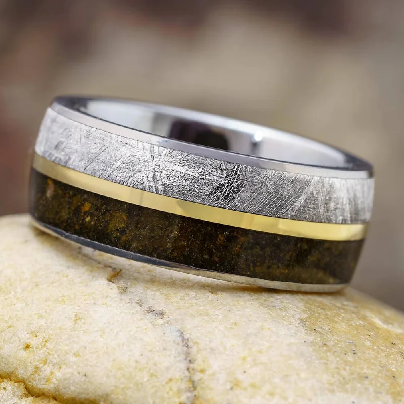 Tungsten Wedding Ring With Meteorite & Dinosaur Bone