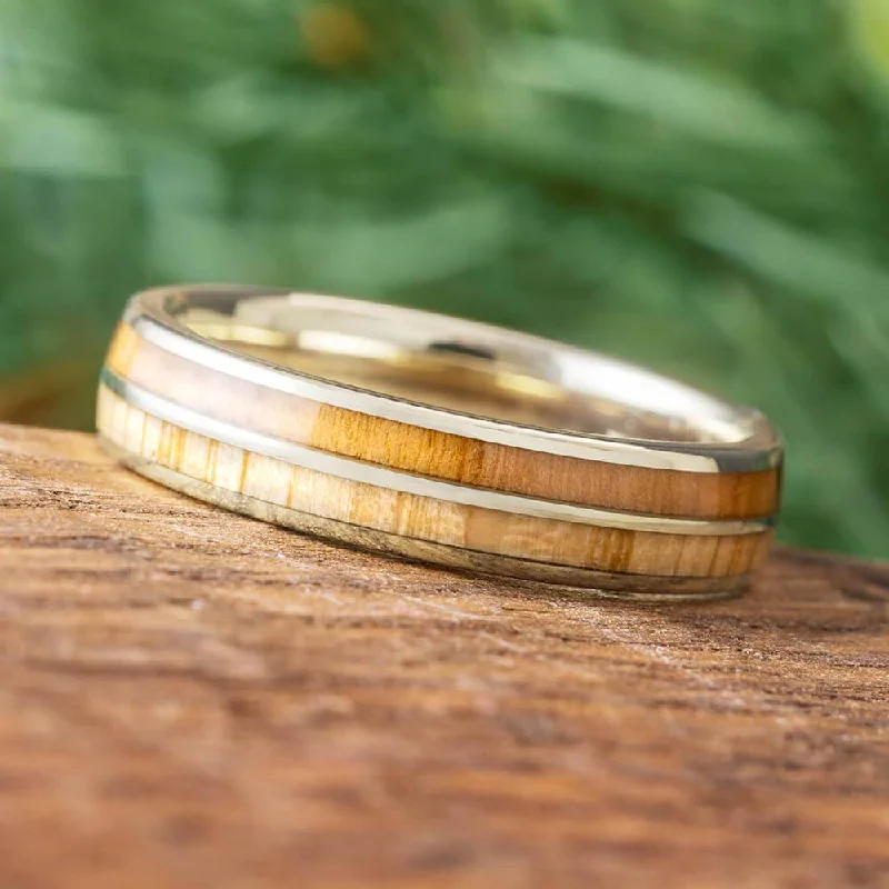 White Gold Wedding Band with Oak and Olive Wood