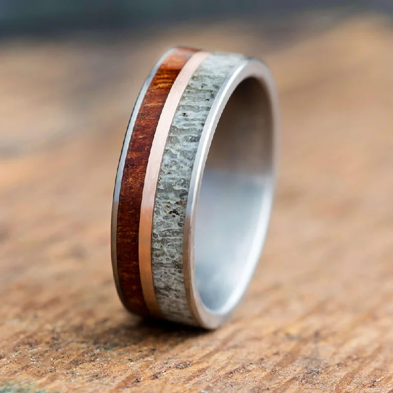 Deer Antler And Koa Wood Ring With Polished Gold Pinstripe