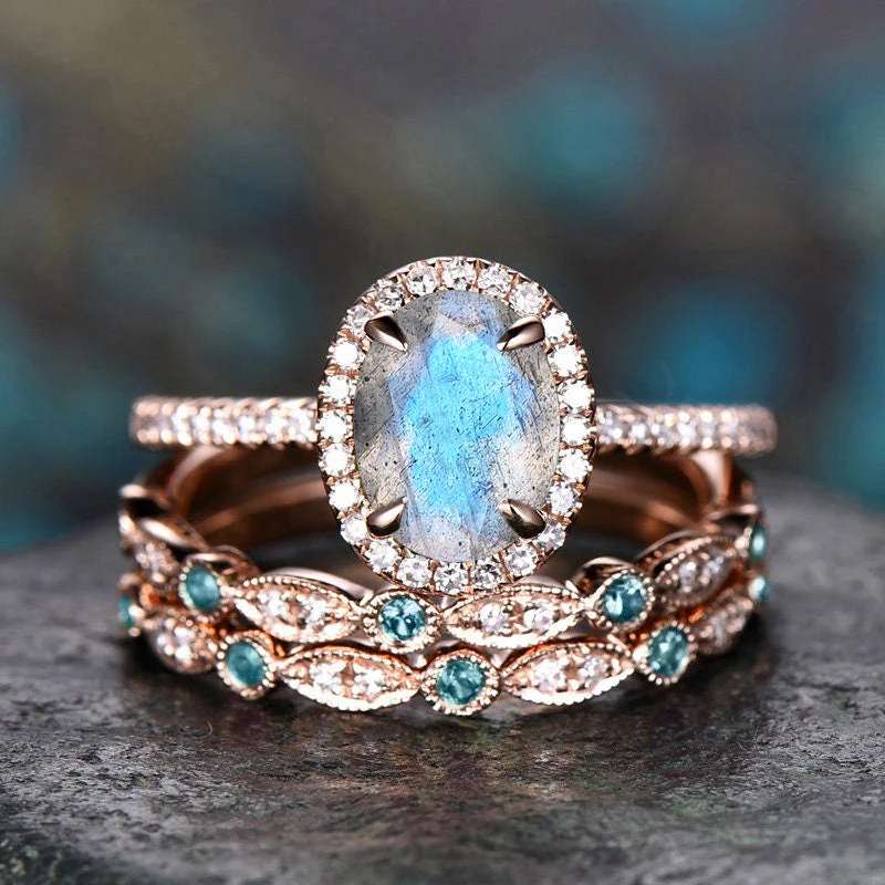 Blue labradorite engagement ring set retro halo oval cut labradorite ring milgrain art deco alexandrite diamonds half eterinty band 14k rose gold bridal ring set birthstone jewelry gifts for women