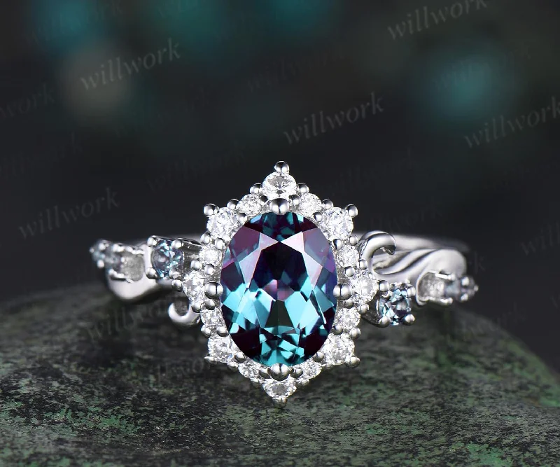 Oval cut alexandrite ring white gold halo snowdrift engagement ring diamond ring women unique promise wedding ring color change gemstone