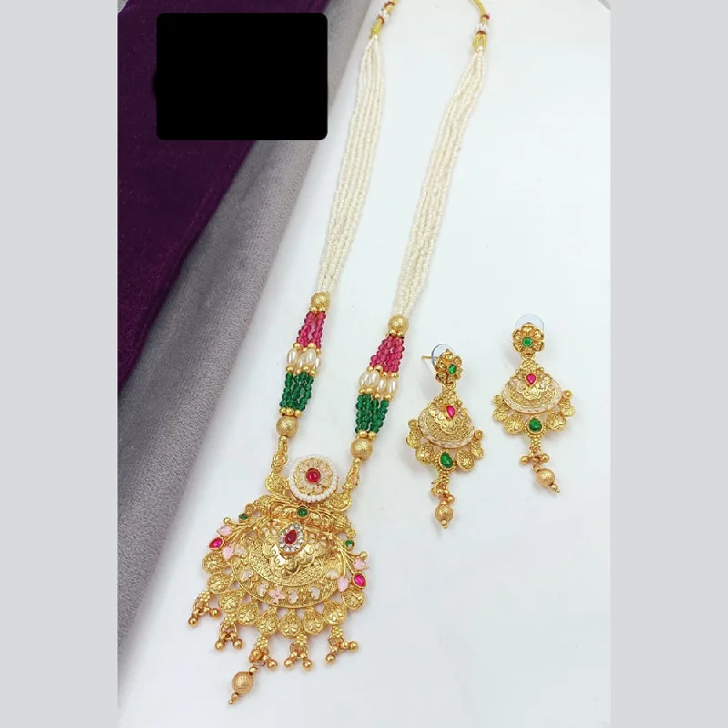 Manisha Jewellery Gold Plated Pota Stone And Pearls Meenakari Long Necklace Set