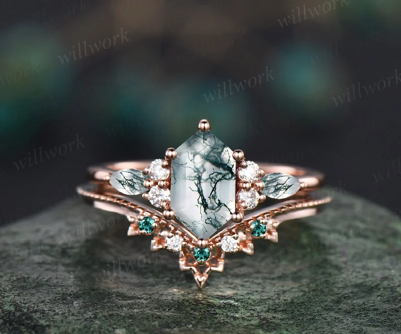 Vintage hexagon cut green moss agate engagement ring set 14k rose gold art deco diamond ring women emerald unique bridal wedding ring set